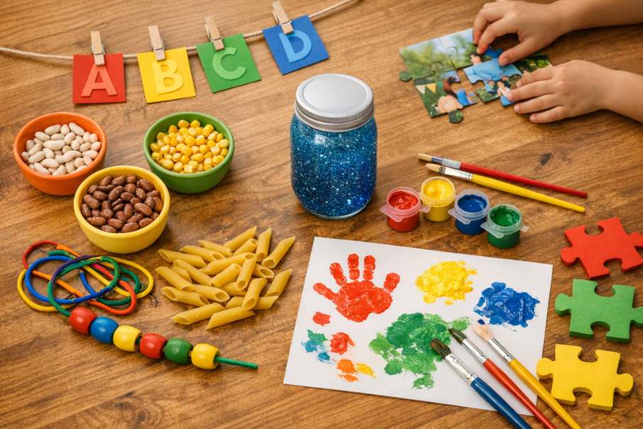 Mesa com materiais pedagógicos coloridos, pote da calma e atividades de alinhavo