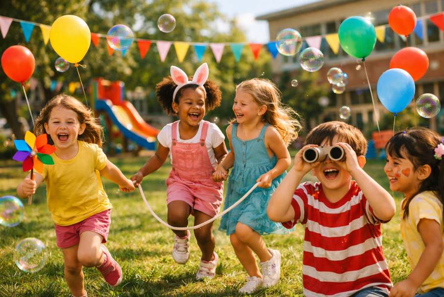 Crianças brincando alegremente com balões e bolhas de sabão no pátio da escola