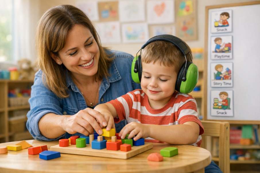 Professora e criança com TEA realizando atividades lúdicas de inclusão
