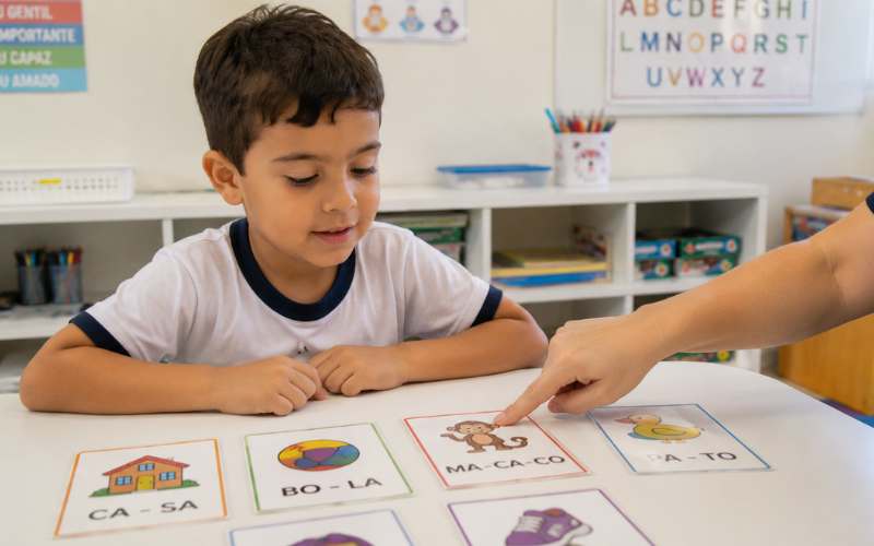 Criança realizando atividade de consciência fonêmica com cartões ilustrados coloridos