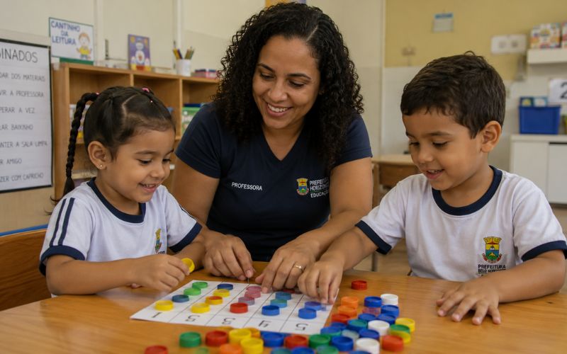 Professora e crianças contando tampinhas coloridas em atividade de adição na educação infantil