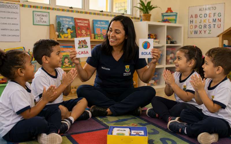 Professora e crianças em roda realizando atividade de rimas e consciência fonológica na educação infantil