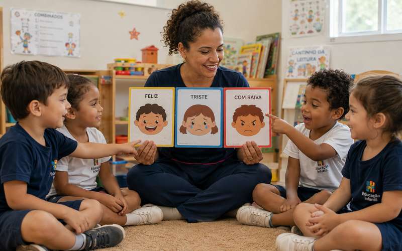 Professora mostrando cartões de emoções para crianças em atividade de educação emocional na educação infantil
