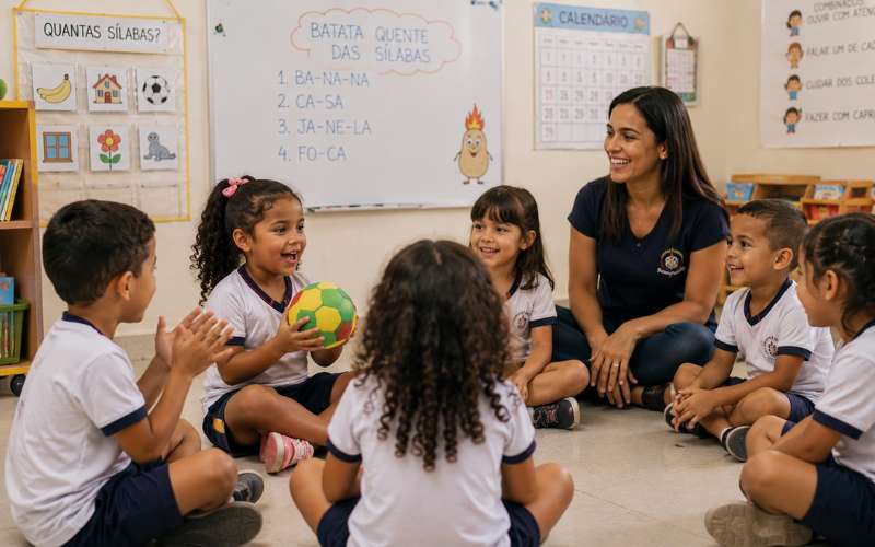Crianças sentadas em roda jogando batata quente das sílabas em atividade de consciência silábica