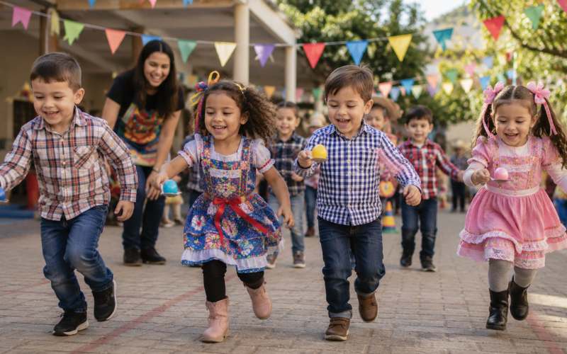 Crianças participando de brincadeiras inclusivas na Festa Junina escolar