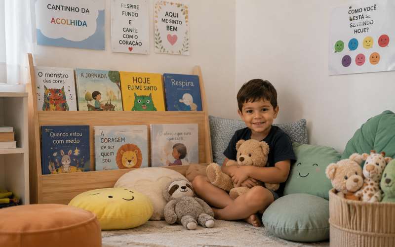 Cantinho da calma com almofadas e pelúcias para regulação emocional na educação infantil