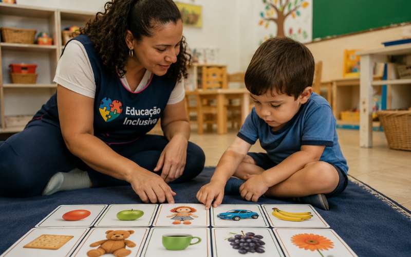 Professora e criança com TEA realizando atividade de pareamento com objetos reais na educação infantil