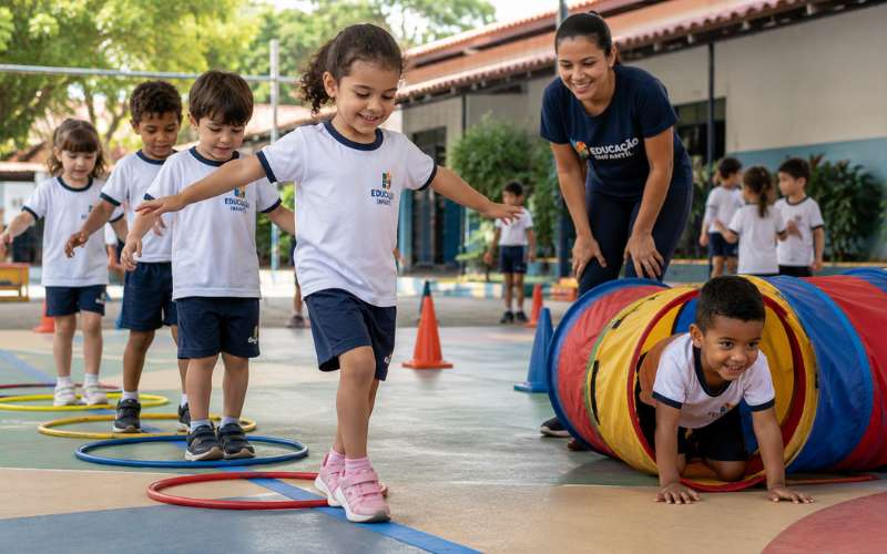 Crianças realizando circuito motor ao ar livre em atividade de coordenação motora grossa na educação infantil
