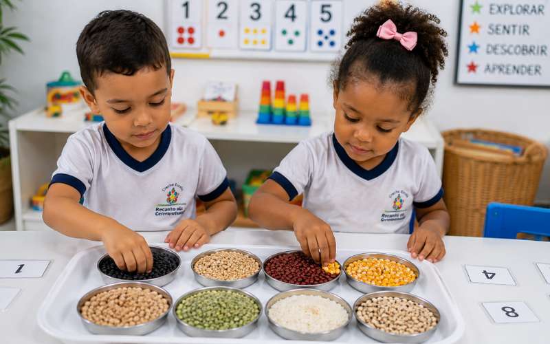 Crianças classificando sementes e grãos em potinhos em atividade sensorial e matemática na educação infantil