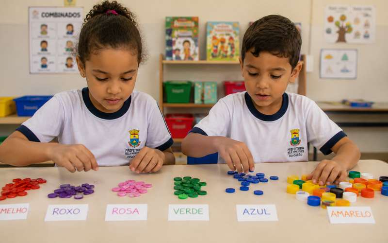 Crianças classificando botões e tampinhas coloridas em atividade de matemática concreta
