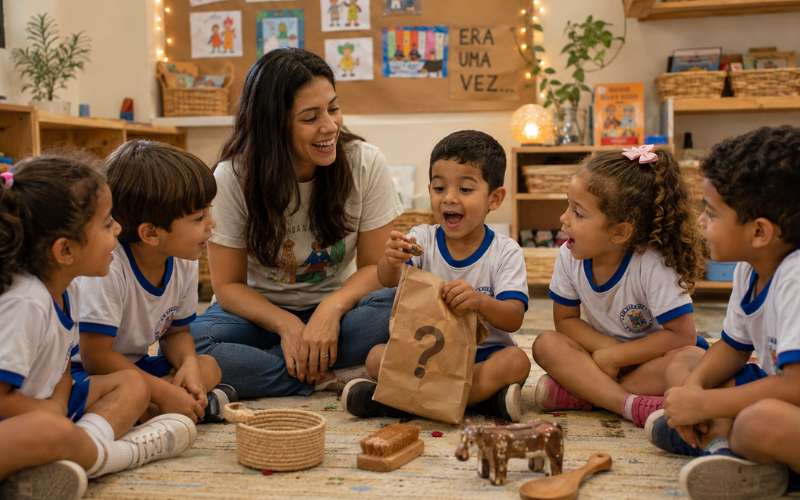 Criança retirando objeto de saco misterioso em atividade de contação de histórias na educação infantil