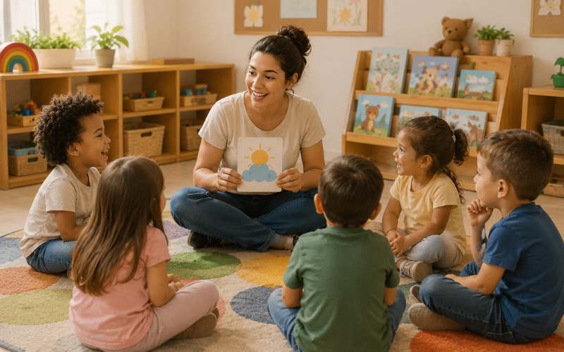 Estagiária conduzindo roda de conversa com crianças da Educação Infantil em atividade de rimas