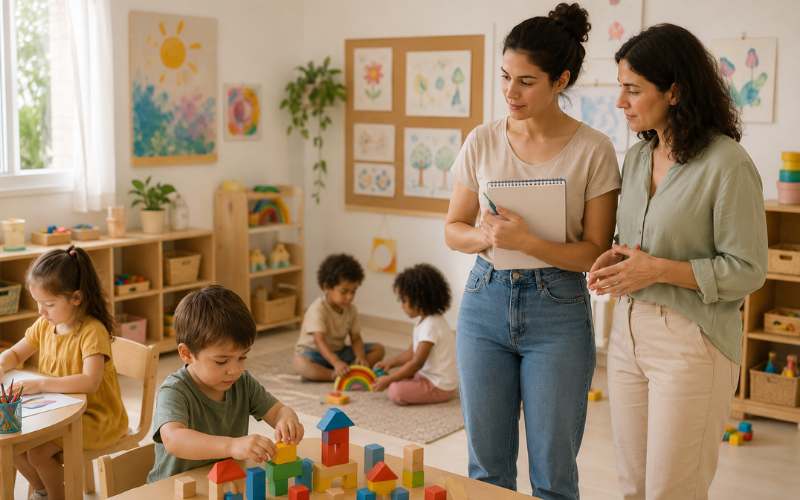 Estagiária observando a rotina de uma turma de Educação Infantil ao lado da professora regente