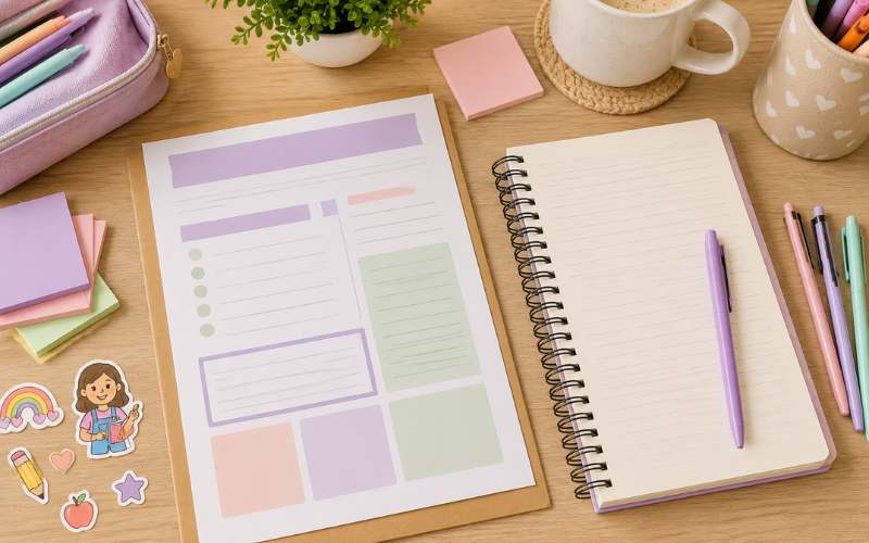 Mesa organizada com plano de aula de estágio em Educação Infantil, caderno, canetas e adesivos
