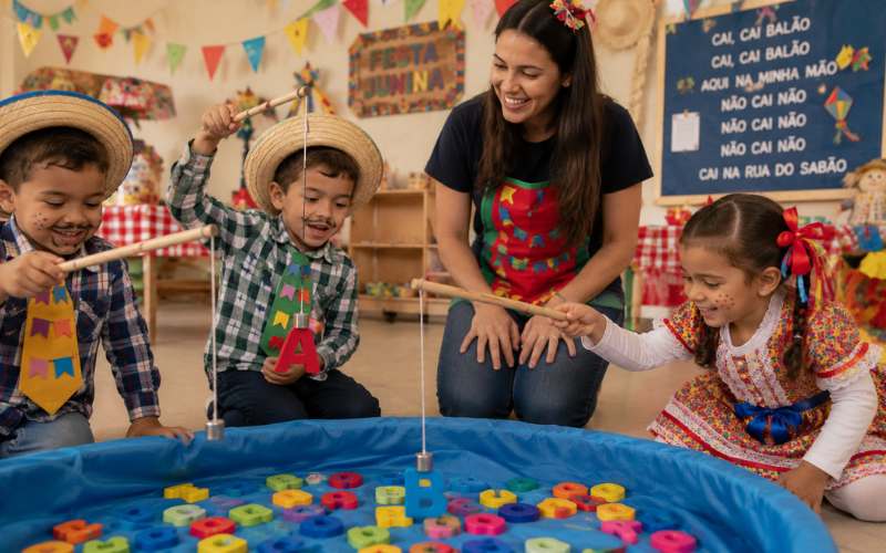 Crianças brincando de pescaria de letras na Festa Junina escolar