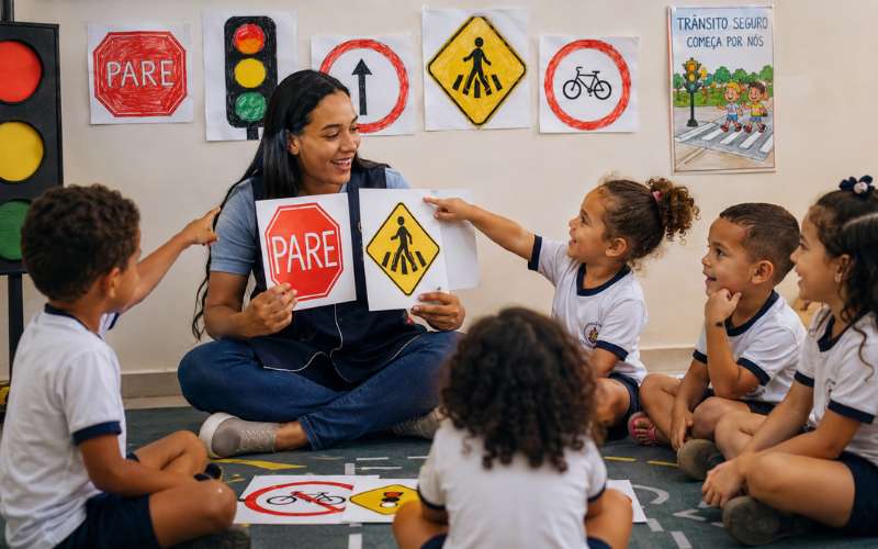 Professora mostrando placas de sinalização de trânsito para crianças em atividade de educação para o trânsito
