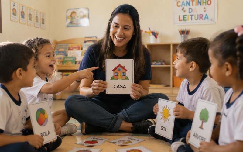 Professora e crianças brincando com cartões de rimas em atividade de consciência fonológica