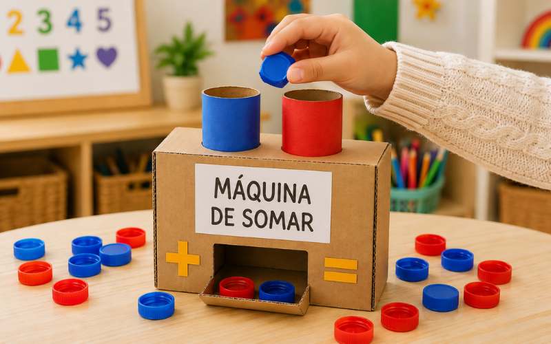Máquina de somar com caixa de papelão e tampinhas coloridas