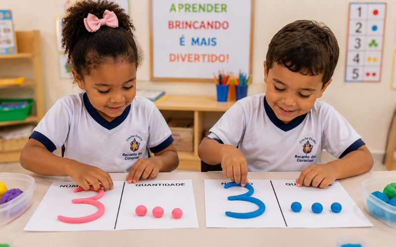 Crianças formando numerais com massinha de modelar em atividade de matemática concreta