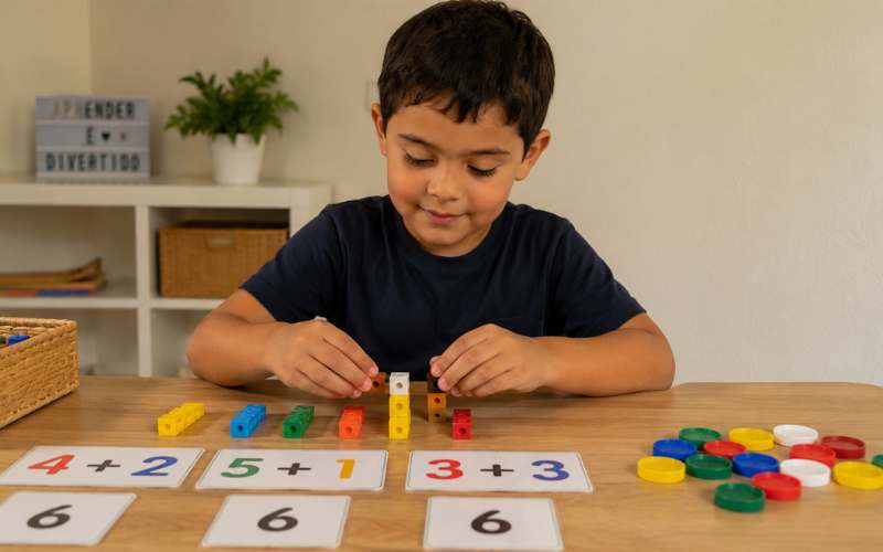 Criança usando material concreto para aprender matemática de forma inclusiva