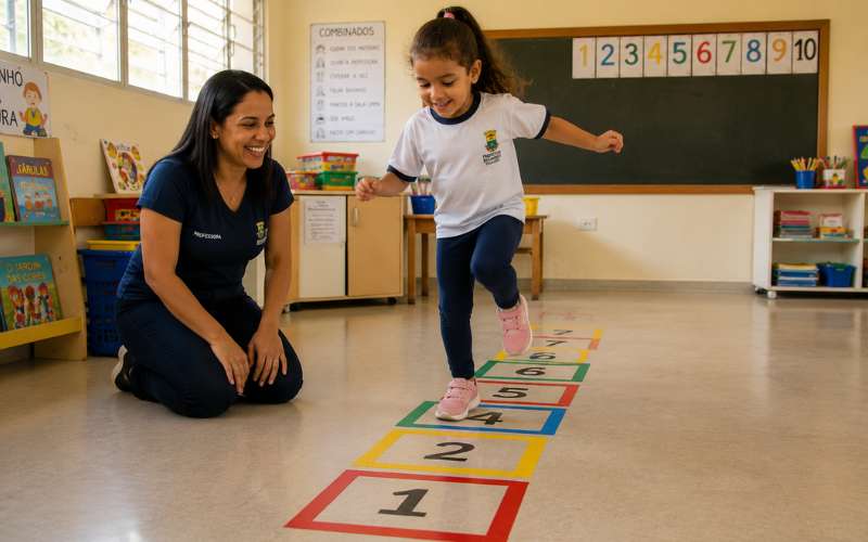 Criança pulando em trilha de números no chão em atividade de recuperação paralela de matemática