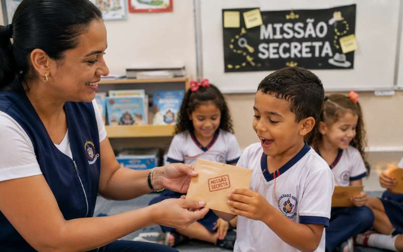 Professora entregando envelope de missão secreta para criança em atividade de gamificação na educação infantil