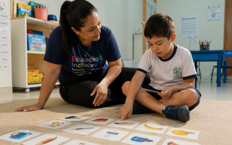 Crianças realizando circuito motor adaptado em atividade inclusiva na educação infantil