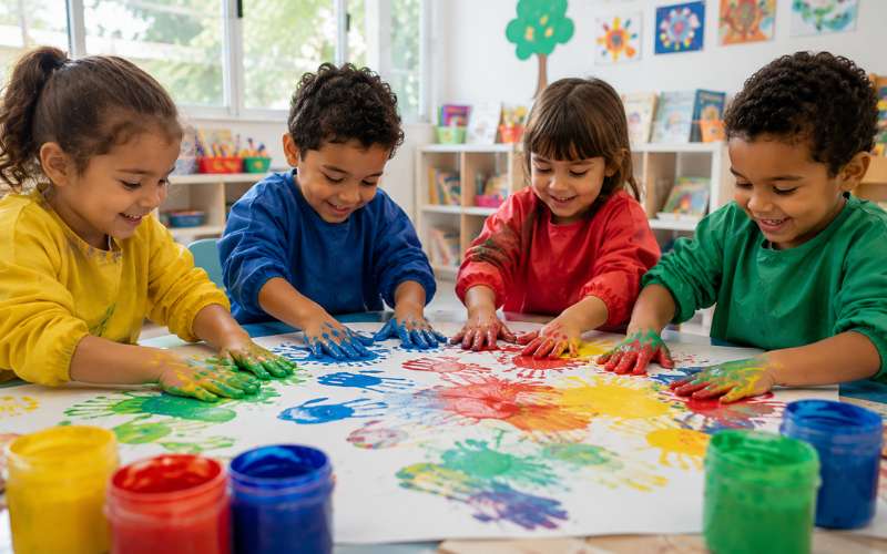 Crianças realizando atividade de pintura com os dedos para desenvolver coordenação motora fina