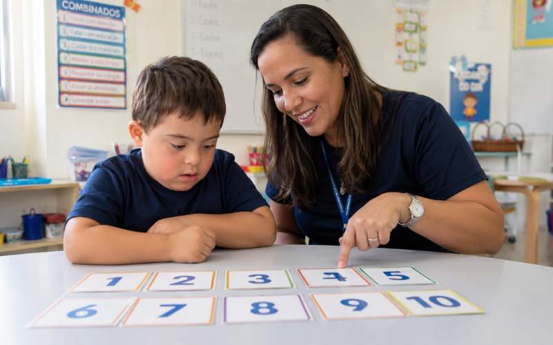 Professora aplicando atividade de matemática inclusiva com aluno com TEA