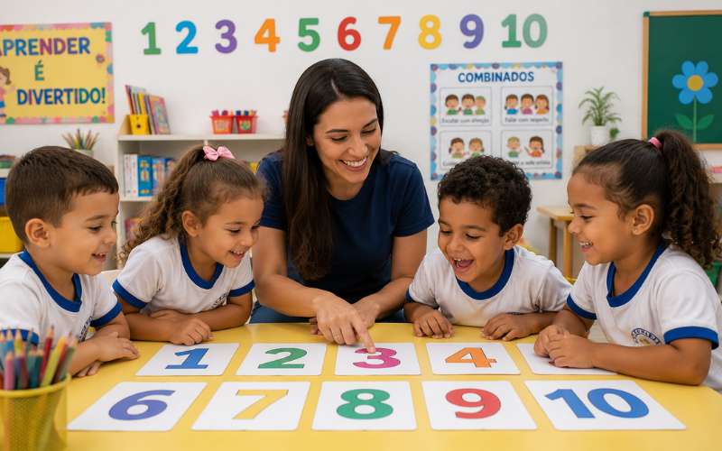 Crianças aprendendo reconhecimento de números com atividades lúdicas e objetos concretos