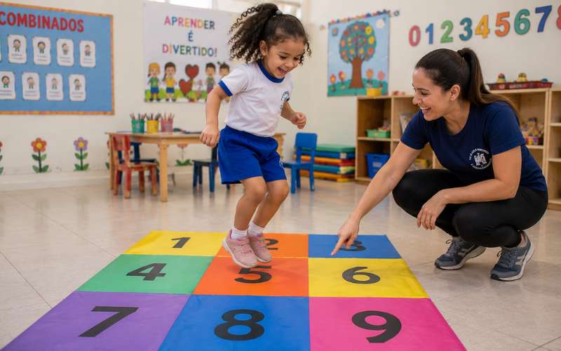 Criança pulando em tapete numerado em atividade de reconhecimento de números na educação infantil