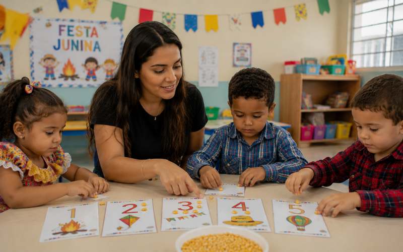 Crianças manipulando grãos e cartões com números em atividade de matemática com tema de Festa Junina