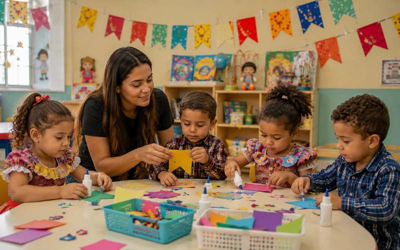 Crianças produzindo bandeirinhas de papel colorido para decorar a sala com tema de Festa Junina
