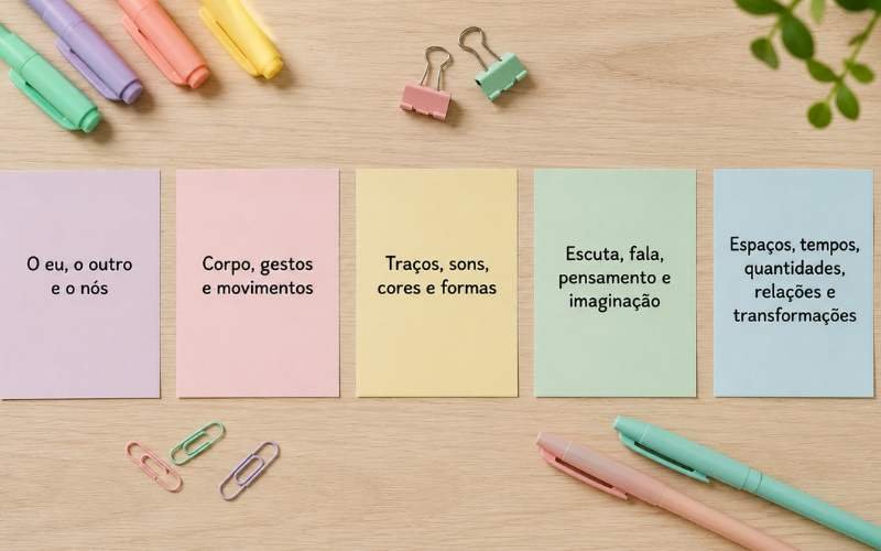 Cartões com os cinco campos de experiência da BNCC na Educação Infantil organizados em mesa de estudos