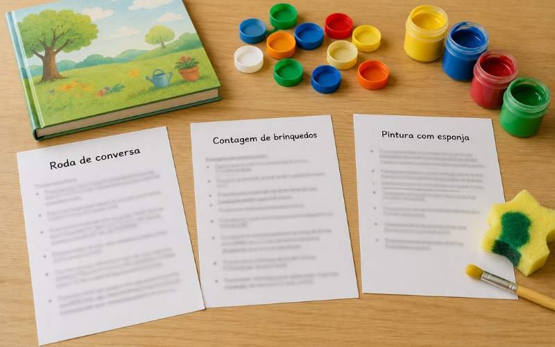Folhas com exemplos de plano de aula para Educação Infantil destacando roda de conversa, contagem e pintura, relacionando à BNCC