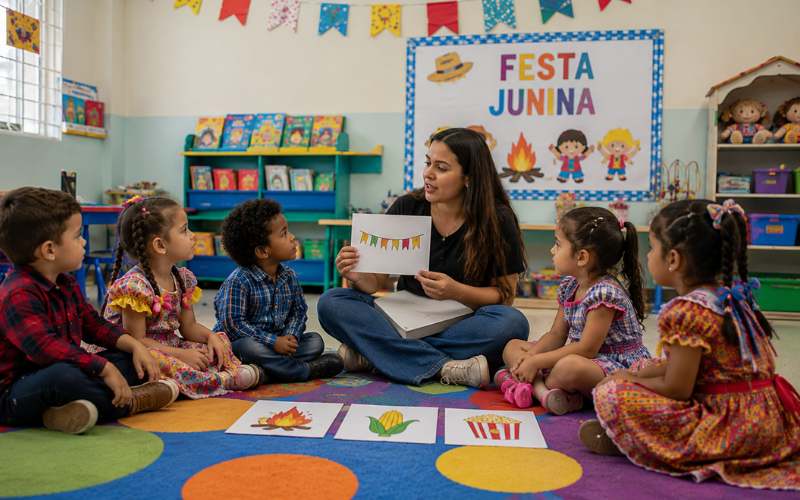 Crianças brincando com estagiária em atividade de movimento com tema de Festa Junina
