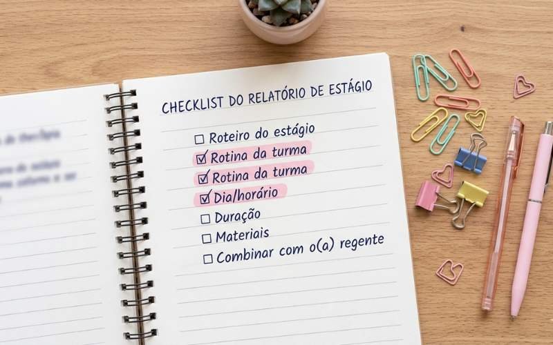 Checklist em caderno com itens para organizar plano de aula de estágio na Educação Infantil