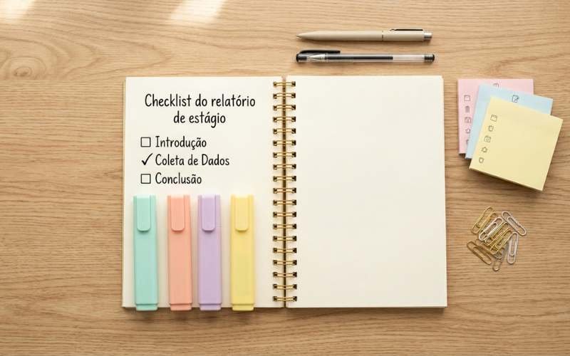 Caderno aberto com checklist de relatório de estágio e canetas marca-texto sobre a mesa