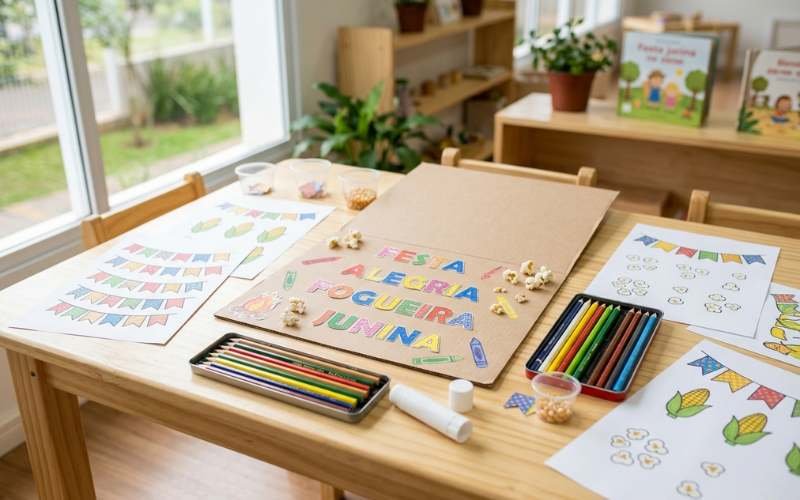 Materiais de atividade planejada para Educação Infantil com cartaz, figuras e lápis de cor sobre a mesa