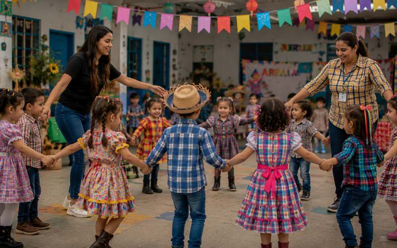 Estagiária e crianças dançando quadrilha em roda em uma atividade de música de Festa Junina