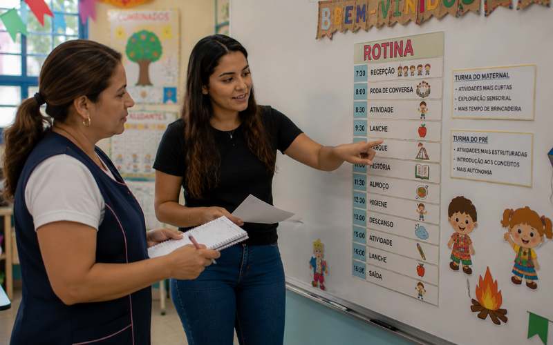 Estagiária organizando planejamento de atividades de Festa Junina para diferentes idades da Educação Infantil