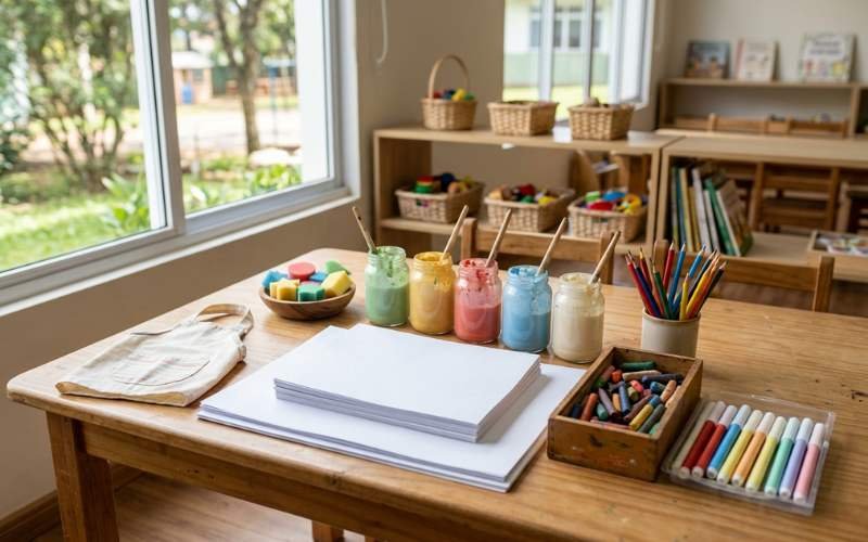 Materiais de arte para Educação Infantil com papel, giz de cera, lápis de cor e tintas guache