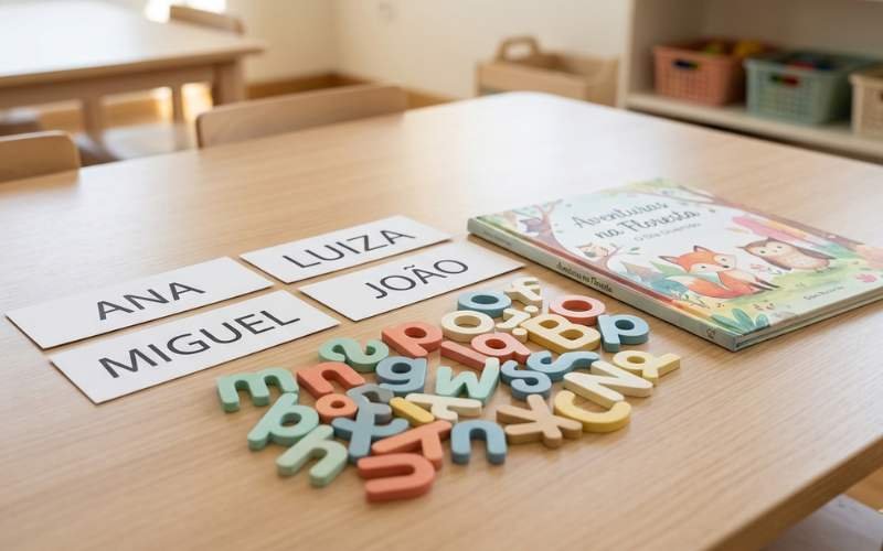 Cartões com letras e nomes em caixa alta e um livro infantil sobre a mesa representando atividades de linguagem na Educação Infantil