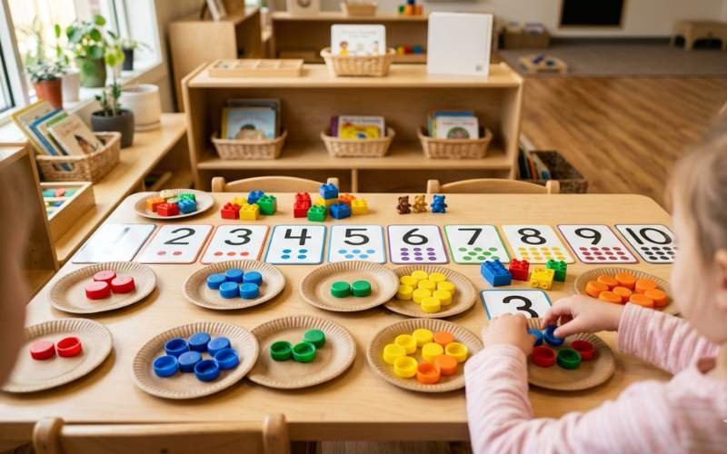 Tampinhas, blocos e cartões com números grandes organizados para atividade de matemática lúdica na Educação Infantil