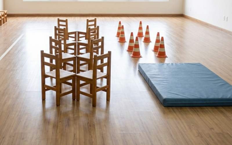 Espaço de movimento para Educação Infantil com cones, fita no chão e colchonetes organizados em circuito simples sem pessoas