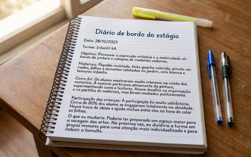 Diário de bordo do estágio com campos de registro preenchidos e materiais de escrita ao lado