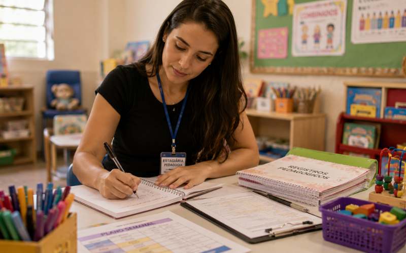 Estagiária escrevendo anotações em caderno de registros pedagógicos, com materiais de sala de aula ao fundo