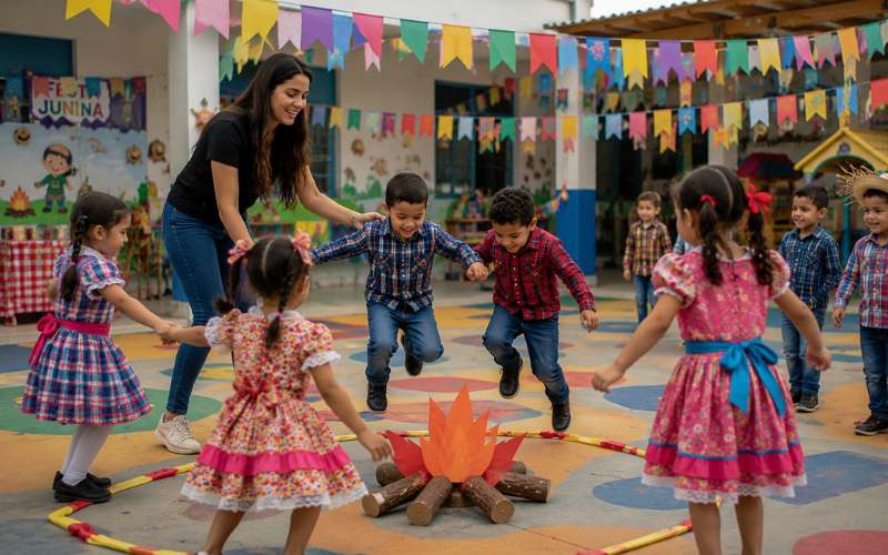 Estagiária conduzindo roda de conversa com crianças sobre Festa Junina em sala de Educação Infantil