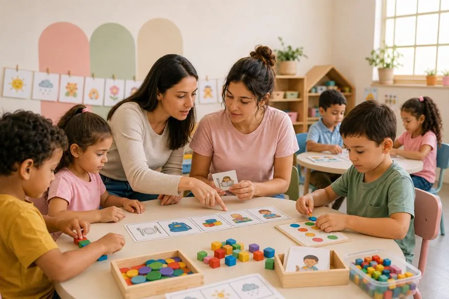 Professora e estagiária utilizando recursos visuais e materiais adaptados durante uma atividade com crianças