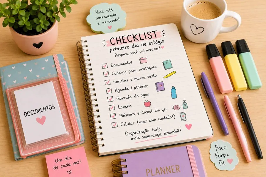 Caderno aberto com checklist do primeiro dia de estágio, canetas, marca-textos, documentos e planner sobre uma mesa